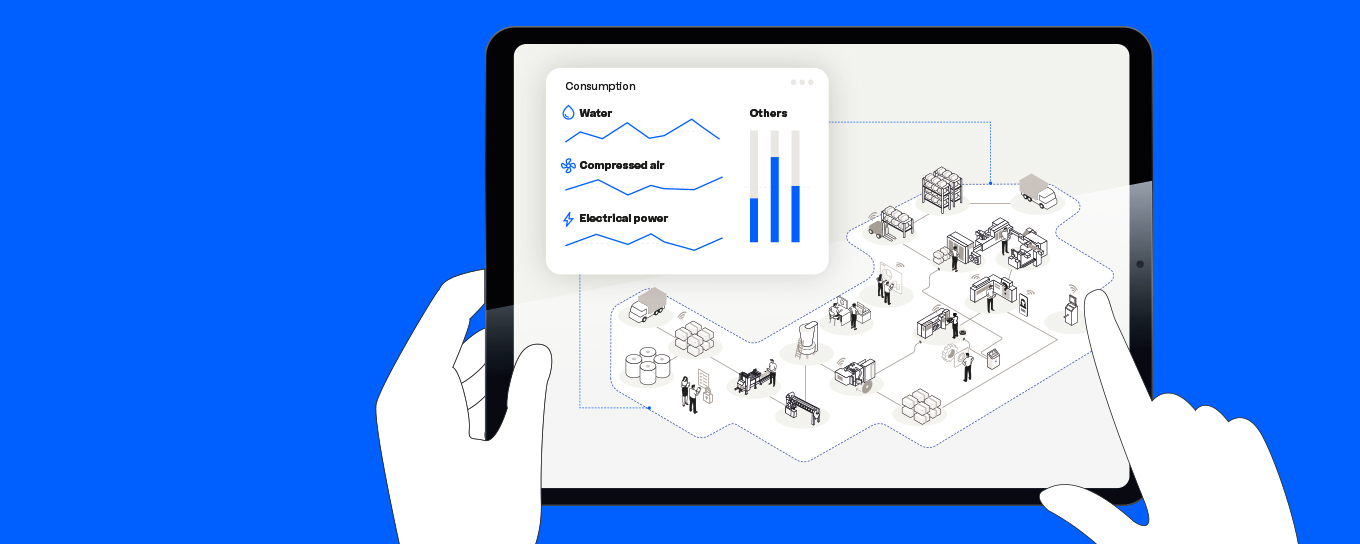 Illustration, die anzeigt, wie Energieverbräuche einer Fabrik mithilfe einer Software wie der Energy Optimizer von Körber Technologies gemessen werden können.