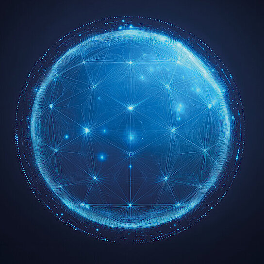 Leuchtende blaue Kugel mit vernetzten Linien und Lichtpunkten auf dunklem Hintergrund, symbolisiert ein digitales Netzwerk