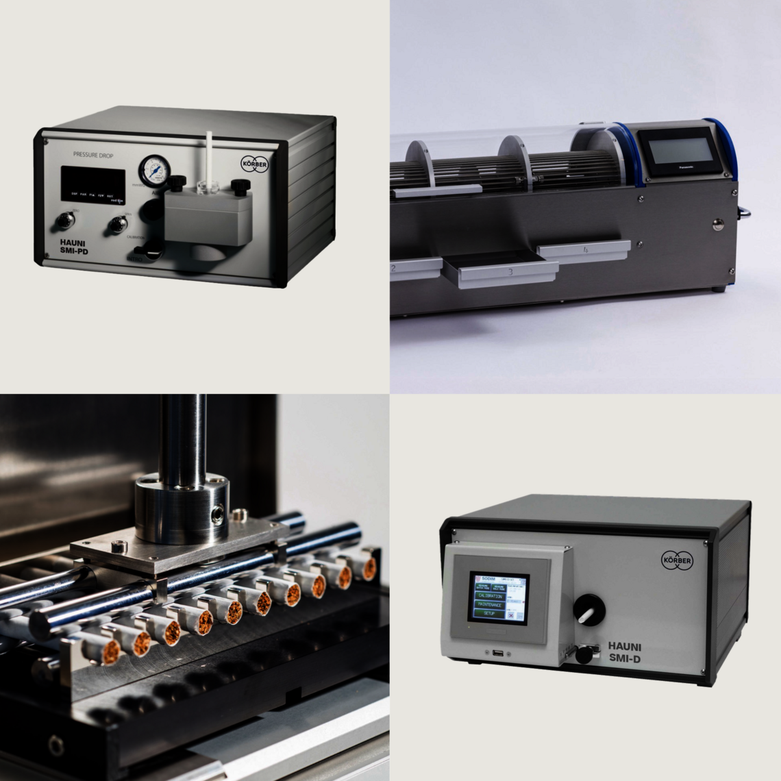 Montage with four of Körber Technologies’ measurement instruments for quality control in the tobacco industry.