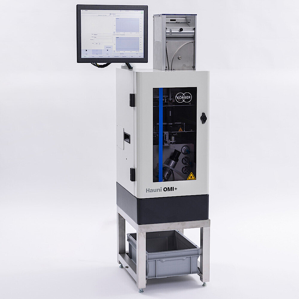 Photograph of Körber Technologies’ HAUNI OMI+, a test station designed for the rapid measurement of the main criteria on the tobacco industry shop floor, such as weight, diameter/circumference, ventilation, and pressure drop.