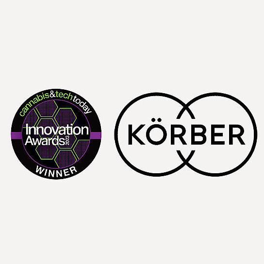 Two logos in the center: Cannabis & Tech Today Innovation Awards on the left and Körber on the right. Pre-rolls and cannabis batch in the corners.