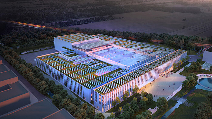 Rendering des geplanten Körber Campus Hamburg mit seiner hochmodernen Architektur inklusive Solardach aus der Vogelperspektive.