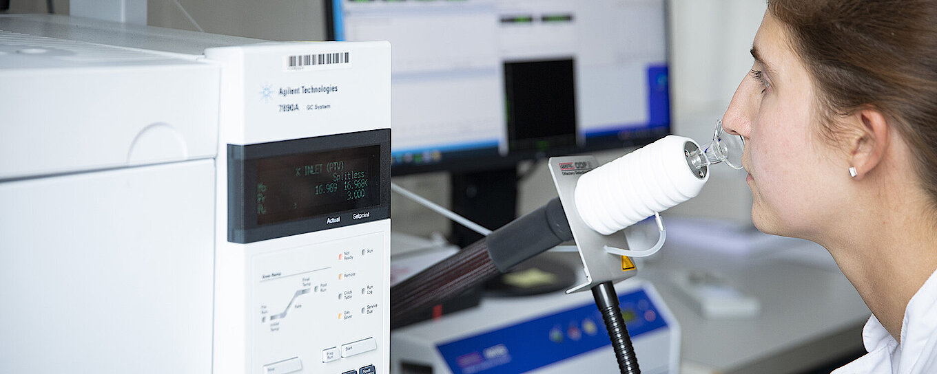 Employee uses gas chromatography-mass spectrometry for precise measurements and analyses.